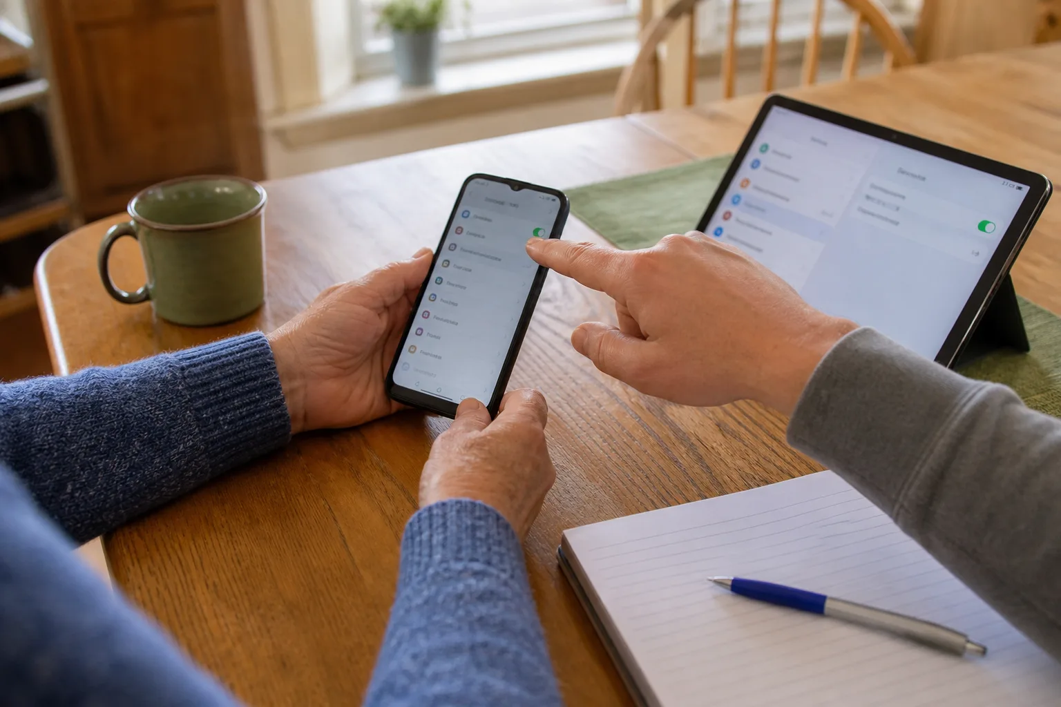 Illustration of patient help with phone and tablet settings