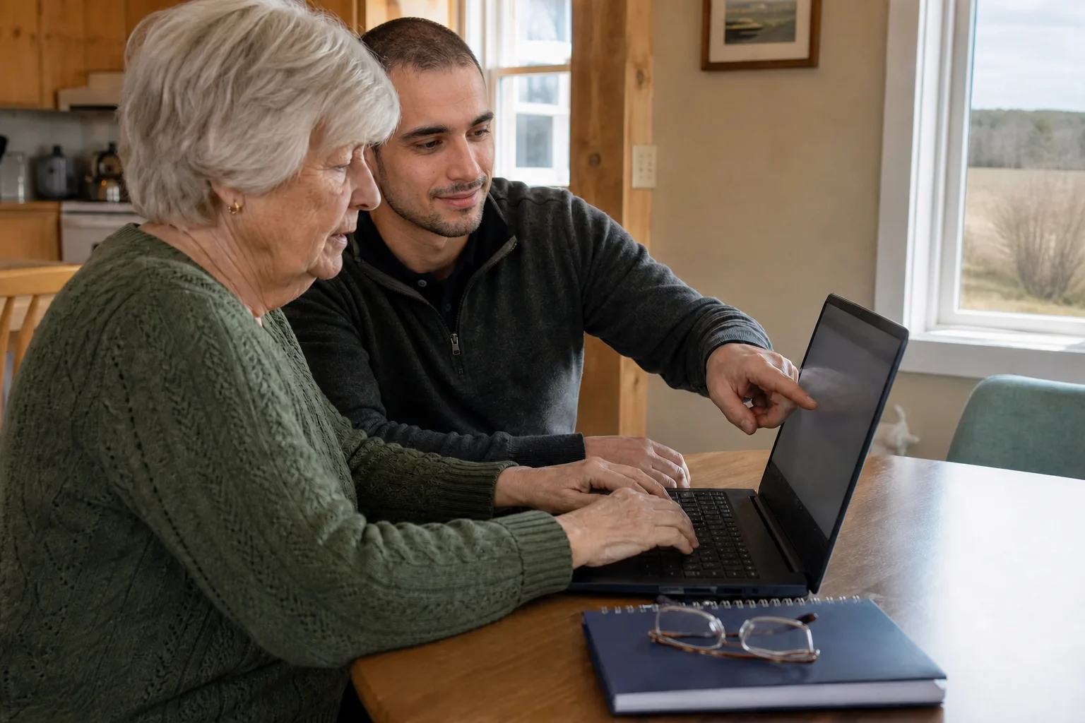 Illustration of Sam Riedl guiding a customer through laptop settings