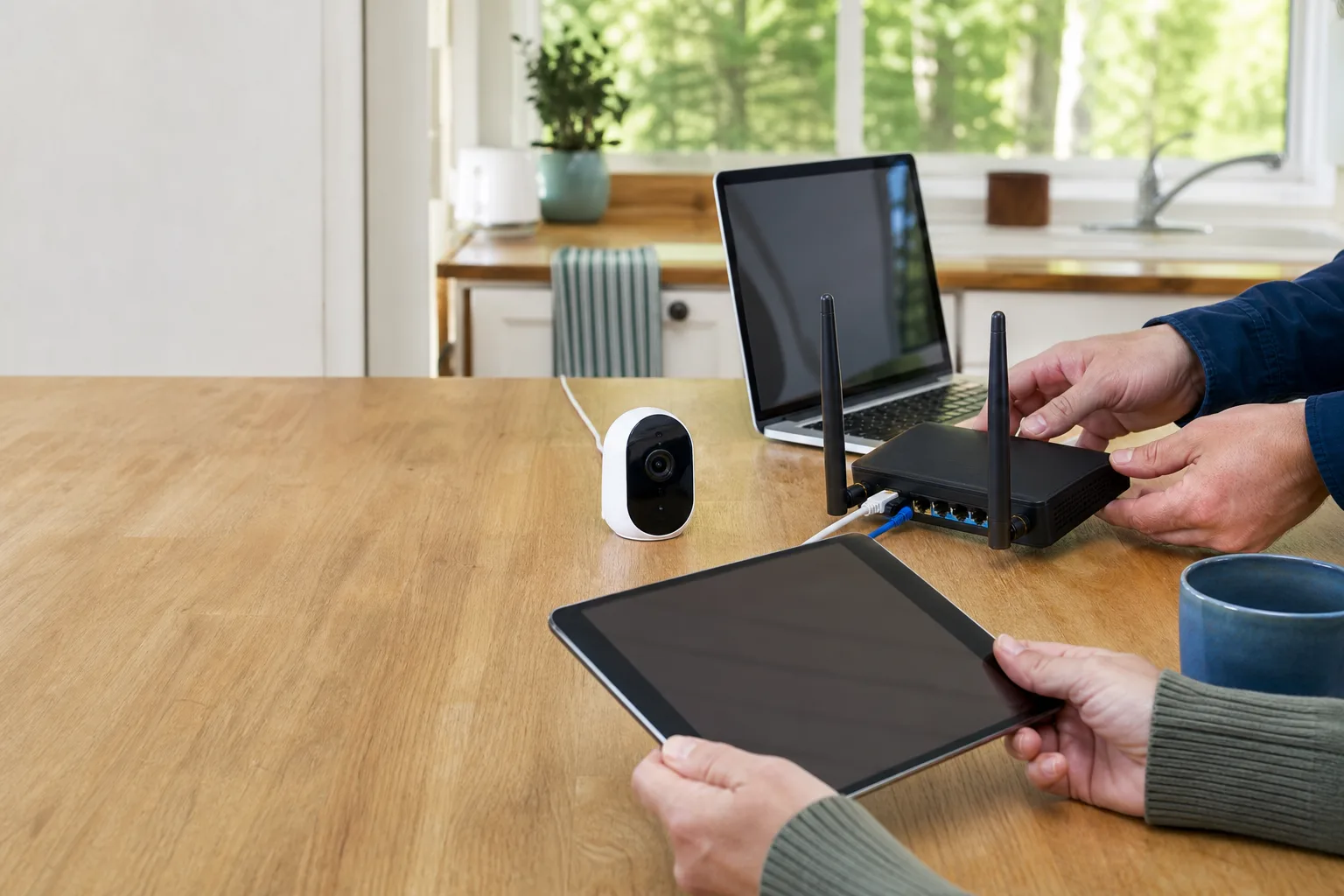 Illustration of a home Wi-Fi router, camera, tablet, and laptop