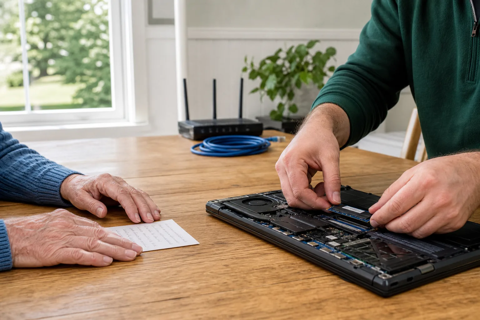 Illustration of laptop components being checked during a repair